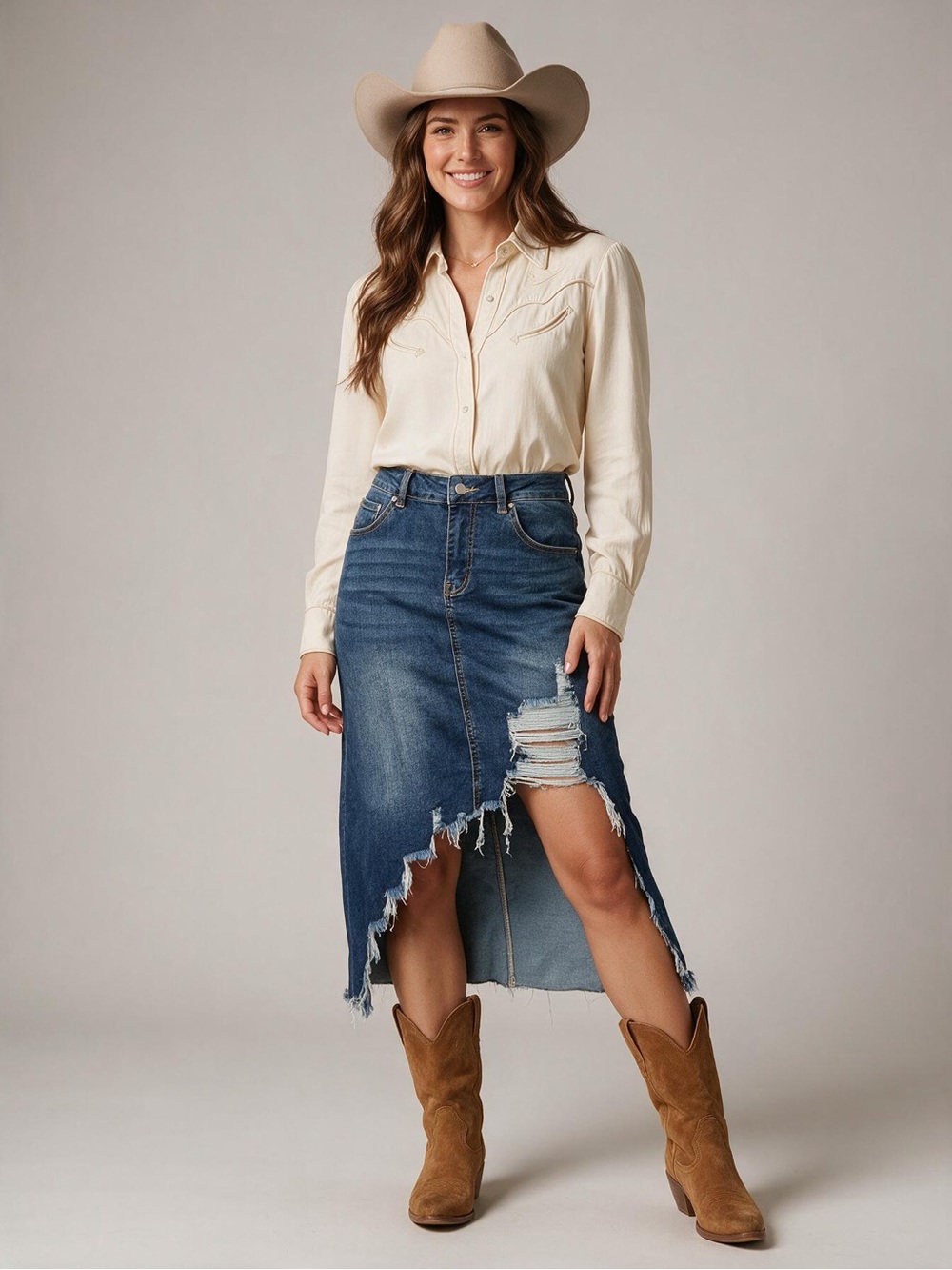 Western Asymmetrical Ripped Denim Midi-Skirt with Pockets High-low Distressed